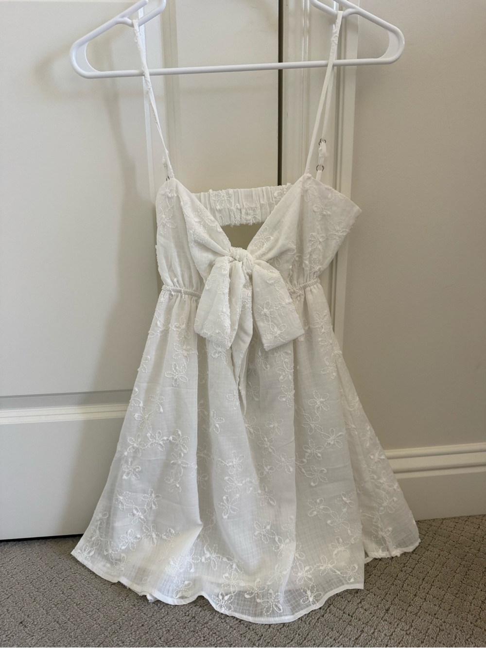 White Embroidered Tie-Front Mini Dress